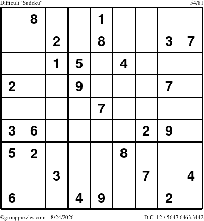 The grouppuzzles.com Difficult Sudoku puzzle for Monday August 24, 2026