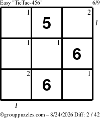 The grouppuzzles.com Easy TicTac-456 puzzle for Monday August 24, 2026 with all 2 steps marked