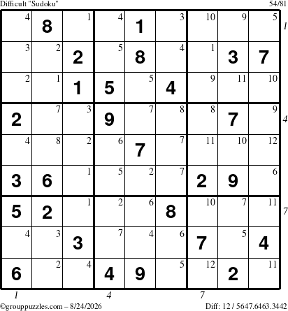 The grouppuzzles.com Difficult Sudoku puzzle for Monday August 24, 2026, suitable for printing, with all 12 steps marked