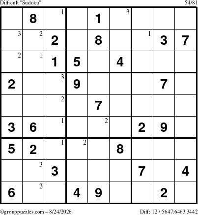 The grouppuzzles.com Difficult Sudoku puzzle for Monday August 24, 2026 with the first 3 steps marked