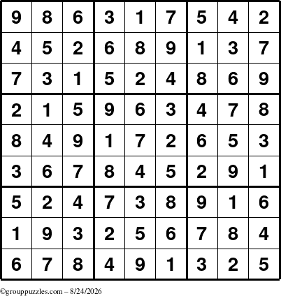 The grouppuzzles.com Answer grid for the Sudoku puzzle for Monday August 24, 2026