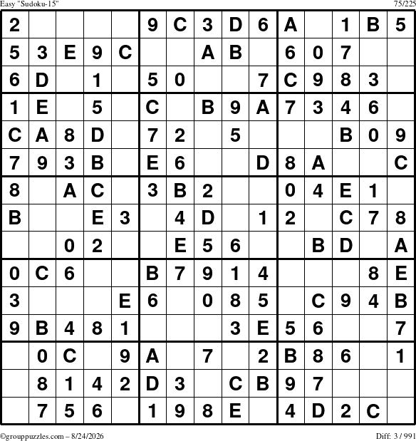 The grouppuzzles.com Easy Sudoku-15 puzzle for Monday August 24, 2026
