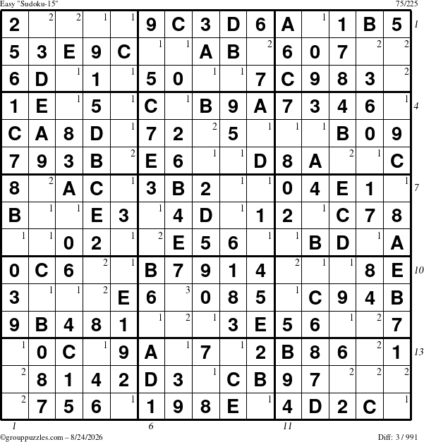 The grouppuzzles.com Easy Sudoku-15 puzzle for Monday August 24, 2026 with all 3 steps marked