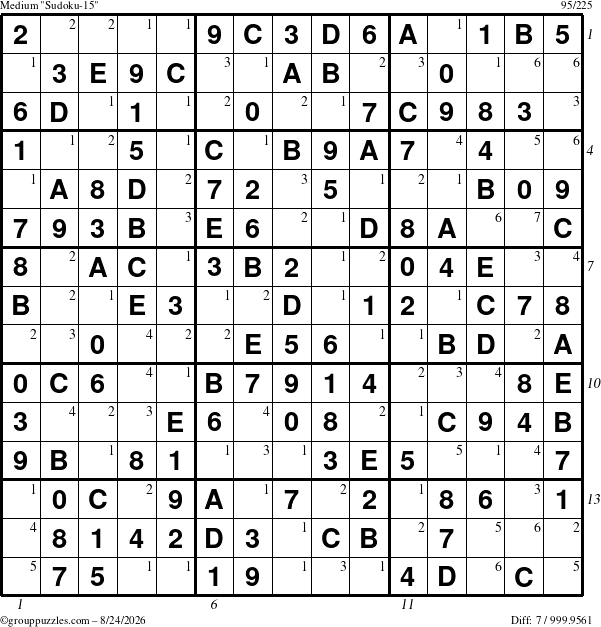 The grouppuzzles.com Medium Sudoku-15 puzzle for Monday August 24, 2026 with all 7 steps marked
