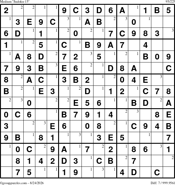The grouppuzzles.com Medium Sudoku-15 puzzle for Monday August 24, 2026 with the first 3 steps marked