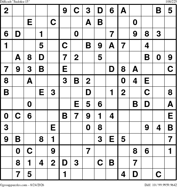 The grouppuzzles.com Difficult Sudoku-15 puzzle for Monday August 24, 2026