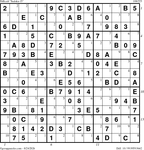 The grouppuzzles.com Difficult Sudoku-15 puzzle for Monday August 24, 2026 with all 10 steps marked