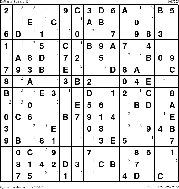 The grouppuzzles.com Difficult Sudoku-15 puzzle for Monday August 24, 2026 with the first 3 steps marked
