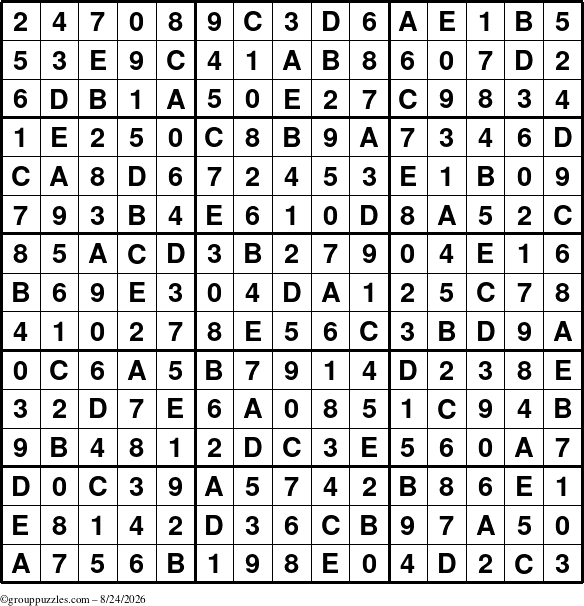 The grouppuzzles.com Answer grid for the Sudoku-15 puzzle for Monday August 24, 2026
