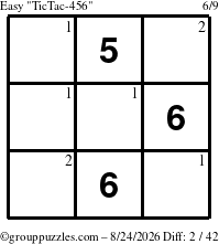 The grouppuzzles.com Easy TicTac-456 puzzle for Monday August 24, 2026 with the first 2 steps marked