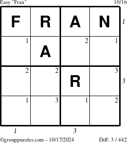 The grouppuzzles.com Easy Fran puzzle for Thursday October 17, 2024 with all 3 steps marked