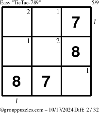 The grouppuzzles.com Easy TicTac-789 puzzle for Thursday October 17, 2024 with all 2 steps marked