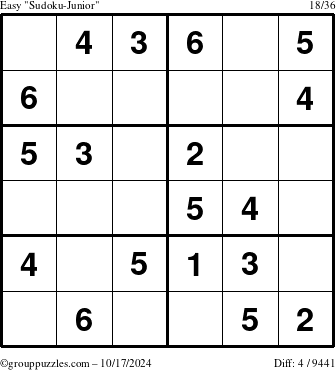 The grouppuzzles.com Easy Sudoku-Junior puzzle for Thursday October 17, 2024