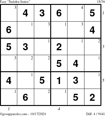 The grouppuzzles.com Easy Sudoku-Junior puzzle for Thursday October 17, 2024 with all 4 steps marked