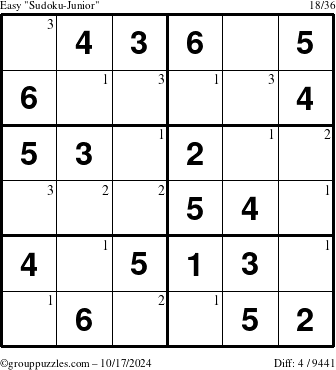 The grouppuzzles.com Easy Sudoku-Junior puzzle for Thursday October 17, 2024 with the first 3 steps marked