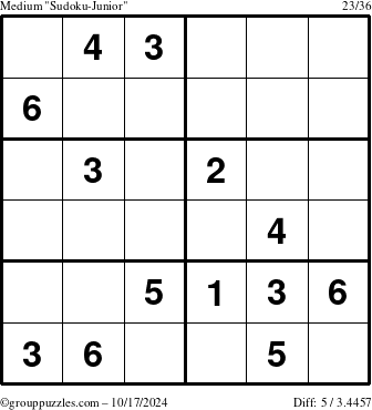 The grouppuzzles.com Medium Sudoku-Junior puzzle for Thursday October 17, 2024