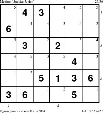 The grouppuzzles.com Medium Sudoku-Junior puzzle for Thursday October 17, 2024 with all 5 steps marked