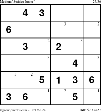 The grouppuzzles.com Medium Sudoku-Junior puzzle for Thursday October 17, 2024 with the first 3 steps marked