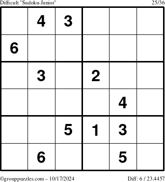 The grouppuzzles.com Difficult Sudoku-Junior puzzle for Thursday October 17, 2024