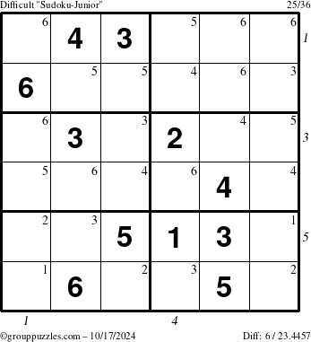 The grouppuzzles.com Difficult Sudoku-Junior puzzle for Thursday October 17, 2024 with all 6 steps marked