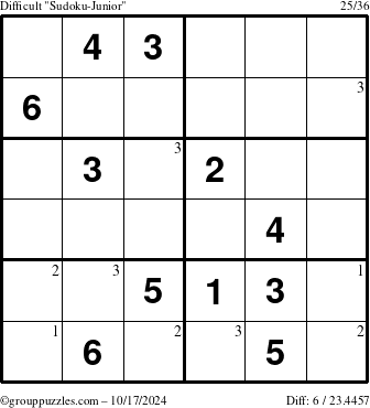 The grouppuzzles.com Difficult Sudoku-Junior puzzle for Thursday October 17, 2024 with the first 3 steps marked