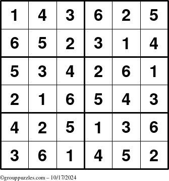 The grouppuzzles.com Answer grid for the Sudoku-Junior puzzle for Thursday October 17, 2024