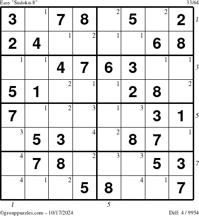 The grouppuzzles.com Easy Sudoku-8 puzzle for Thursday October 17, 2024 with all 4 steps marked