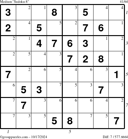 The grouppuzzles.com Medium Sudoku-8 puzzle for Thursday October 17, 2024 with all 7 steps marked