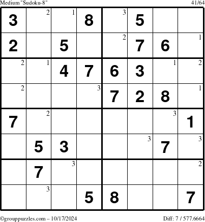 The grouppuzzles.com Medium Sudoku-8 puzzle for Thursday October 17, 2024 with the first 3 steps marked