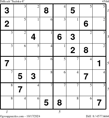 The grouppuzzles.com Difficult Sudoku-8 puzzle for Thursday October 17, 2024 with all 8 steps marked