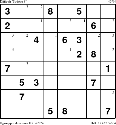 The grouppuzzles.com Difficult Sudoku-8 puzzle for Thursday October 17, 2024 with the first 3 steps marked