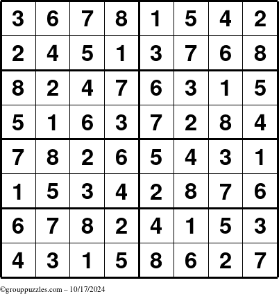 The grouppuzzles.com Answer grid for the Sudoku-8 puzzle for Thursday October 17, 2024