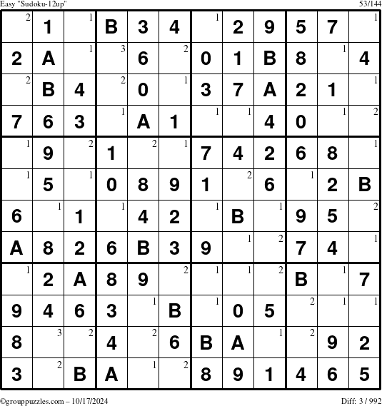 The grouppuzzles.com Easy Sudoku-12up puzzle for Thursday October 17, 2024 with the first 3 steps marked