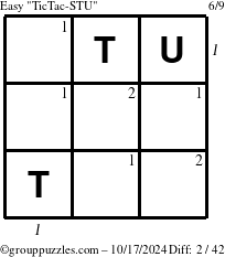 The grouppuzzles.com Easy TicTac-STU puzzle for Thursday October 17, 2024, suitable for printing, with all 2 steps marked