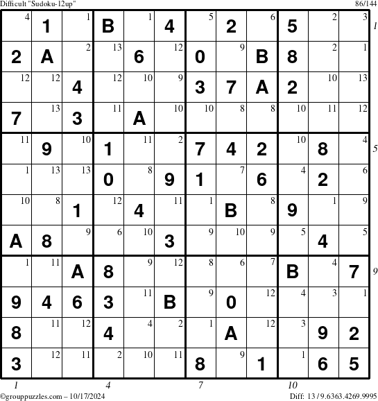 The grouppuzzles.com Difficult Sudoku-12up puzzle for Thursday October 17, 2024 with all 13 steps marked