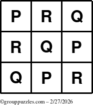 The grouppuzzles.com Answer grid for the TicTac-PQR puzzle for Friday February 27, 2026