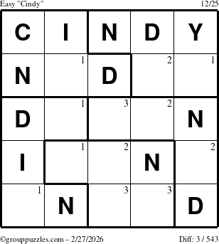 The grouppuzzles.com Easy Cindy puzzle for Friday February 27, 2026 with the first 3 steps marked
