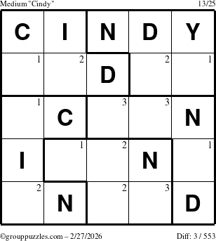 The grouppuzzles.com Medium Cindy puzzle for Friday February 27, 2026 with the first 3 steps marked