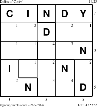 The grouppuzzles.com Difficult Cindy puzzle for Friday February 27, 2026, suitable for printing, with all 4 steps marked