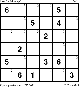 The grouppuzzles.com Easy Sudoku-6up puzzle for Friday February 27, 2026 with the first 3 steps marked