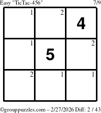 The grouppuzzles.com Easy TicTac-456 puzzle for Friday February 27, 2026 with the first 2 steps marked