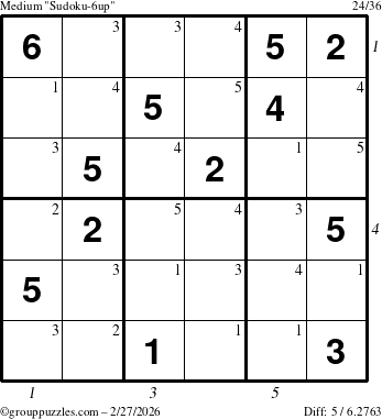 The grouppuzzles.com Medium Sudoku-6up puzzle for Friday February 27, 2026, suitable for printing, with all 5 steps marked