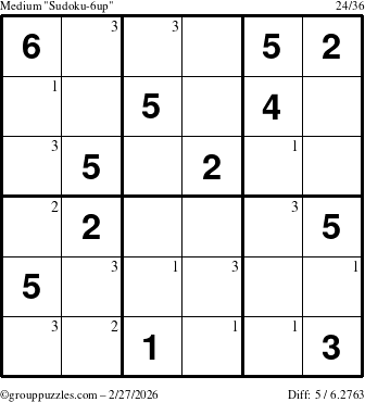 The grouppuzzles.com Medium Sudoku-6up puzzle for Friday February 27, 2026 with the first 3 steps marked