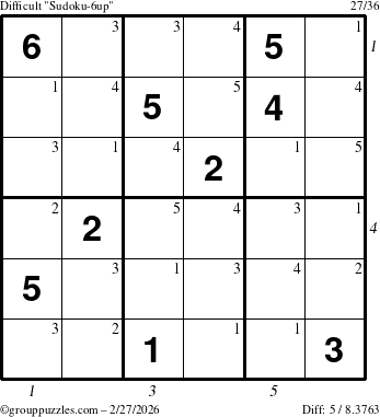 The grouppuzzles.com Difficult Sudoku-6up puzzle for Friday February 27, 2026, suitable for printing, with all 5 steps marked