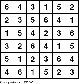 The grouppuzzles.com Answer grid for the Sudoku-6up puzzle for Friday February 27, 2026
