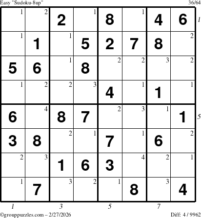 The grouppuzzles.com Easy Sudoku-8up puzzle for Friday February 27, 2026, suitable for printing, with all 4 steps marked