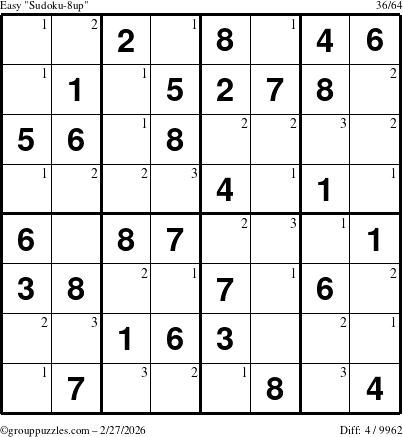 The grouppuzzles.com Easy Sudoku-8up puzzle for Friday February 27, 2026 with the first 3 steps marked