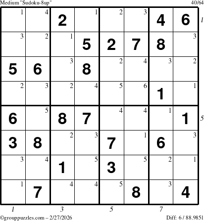 The grouppuzzles.com Medium Sudoku-8up puzzle for Friday February 27, 2026, suitable for printing, with all 6 steps marked