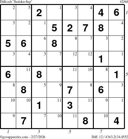 The grouppuzzles.com Difficult Sudoku-8up puzzle for Friday February 27, 2026 with all 12 steps marked