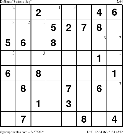 The grouppuzzles.com Difficult Sudoku-8up puzzle for Friday February 27, 2026 with the first 3 steps marked